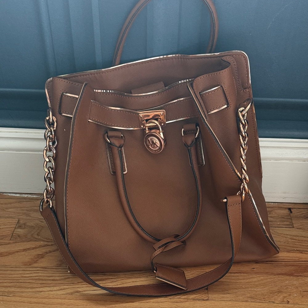 Michael Kors Cognac Leather Tote with Chain-Detail Strap